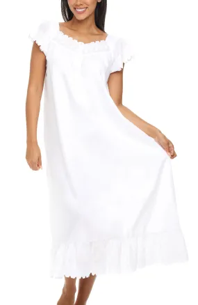 Women's Cotton Victorian Nightgown, Katelyn Short Sleeve Lace Trimmed Button Up Long Nightshirt