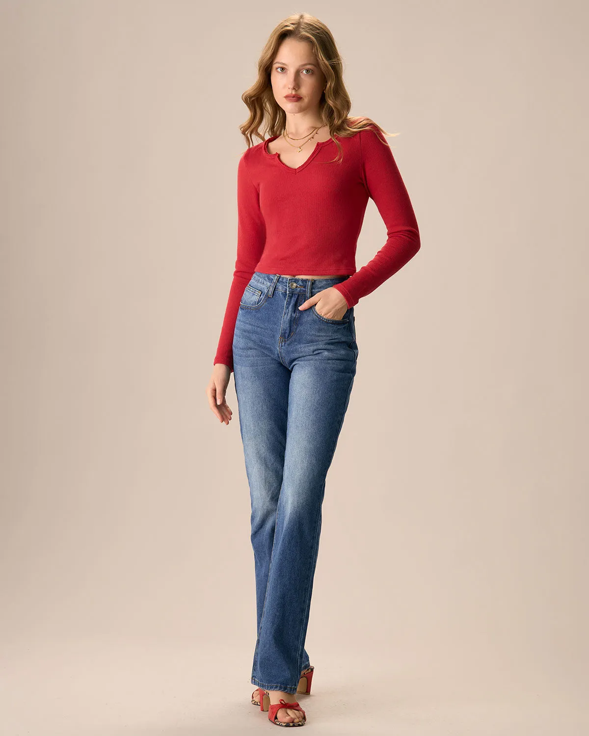 Women's Red Long Sleeve Ribbed Knit Top