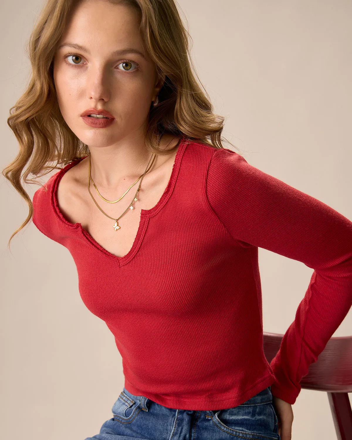 Women's Red Long Sleeve Ribbed Knit Top